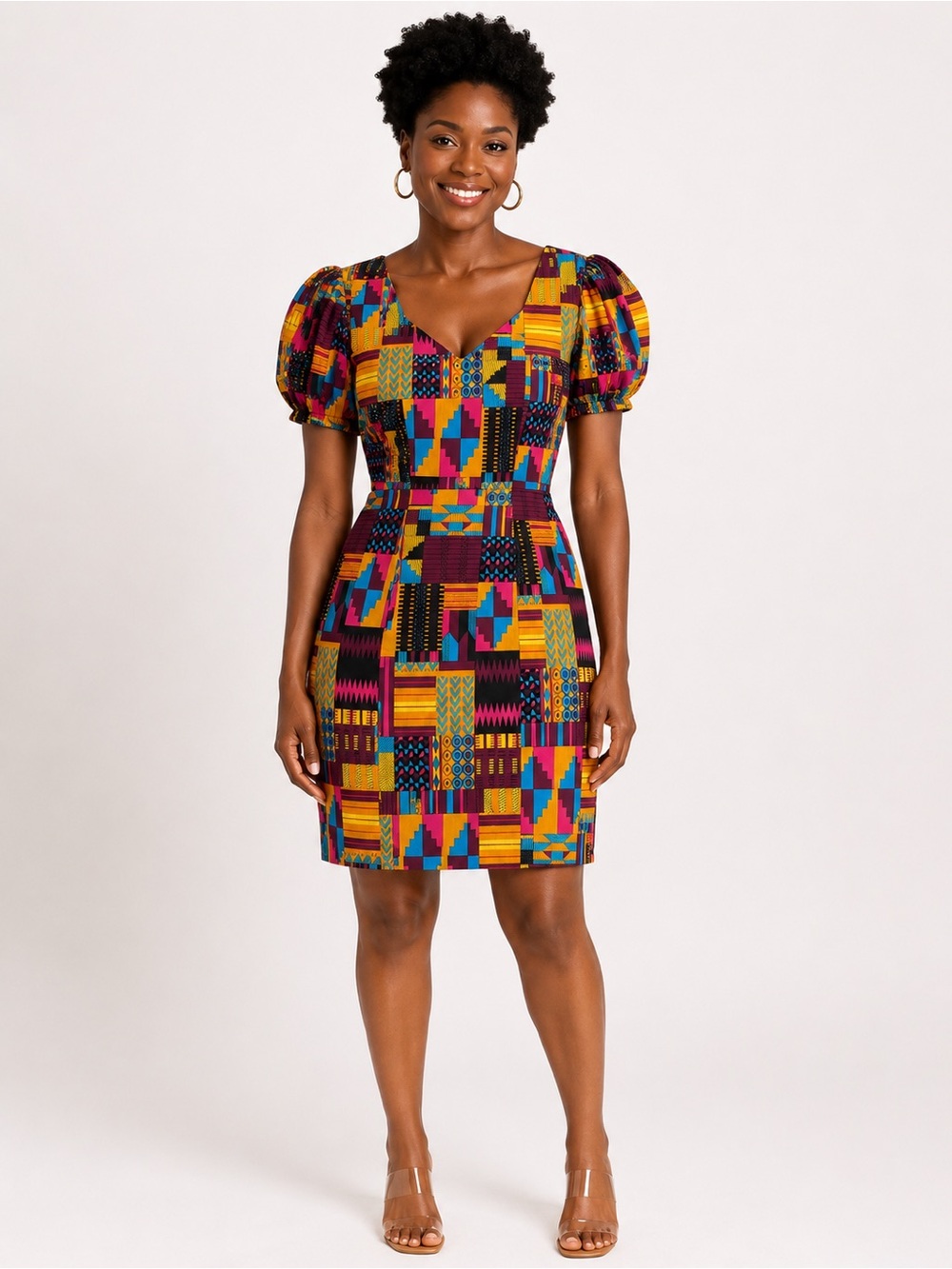 D’IYANU African Print Puff Sleeve Mini Dress XL Stretch Square Neck patchwork